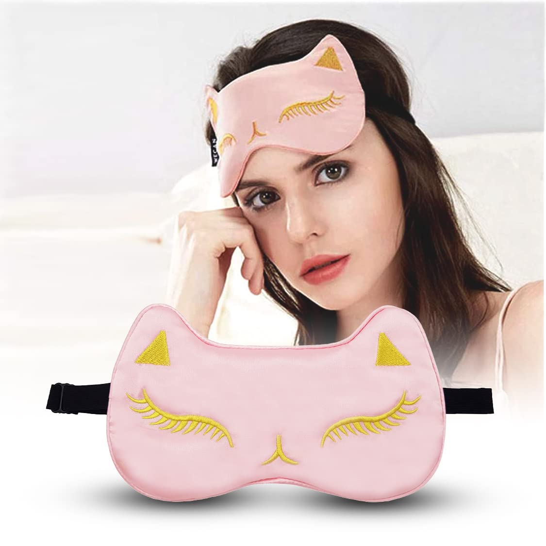 Jenna Natural Silk Kitty Design Sleep Mask Cover For Insomnia, Puffy Eyes And Dark Circles (Babypink)