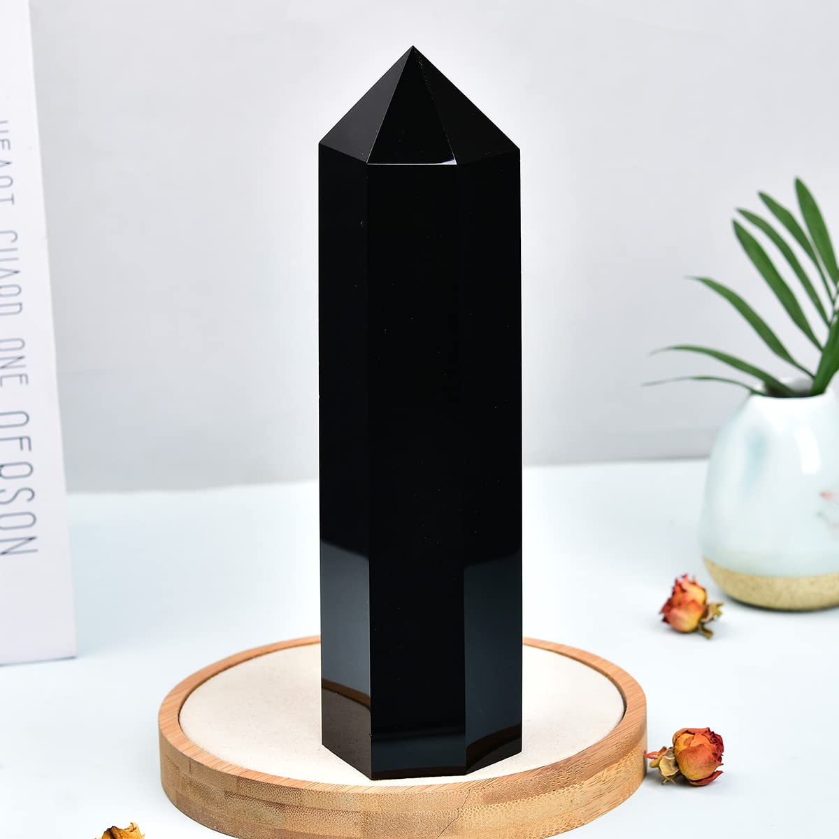 MOGEMT Large Black Obsidian Crystal Tower Natural Healing Crystal Point Wand Obelisk 6 Faceted Reiki Chakra Meditation Therapy H