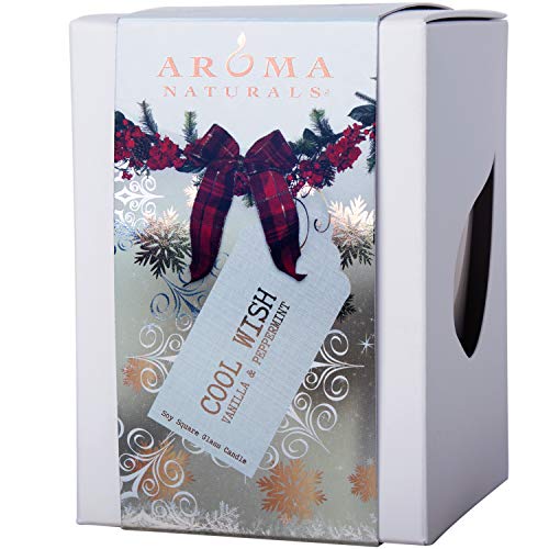 Aroma Naturals Wish Holiday Square Glass Soy Candle, Peppermint and Vanilla, 6.8 Ounce