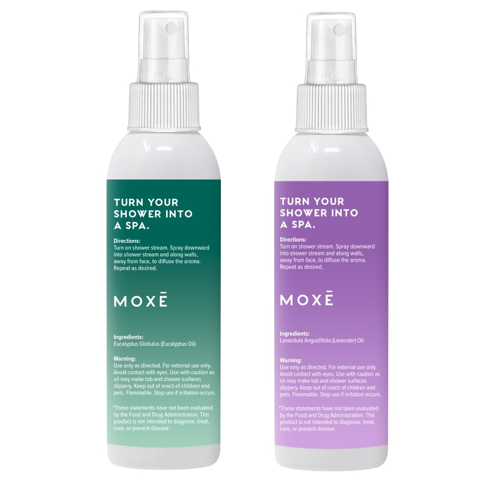 MOXE Shower Mist, Spa Steam Spray, Certified Natural Essential Oils, Aromatherapy, Calming Relief (Lavander and Eucalyptus, 4 Fl