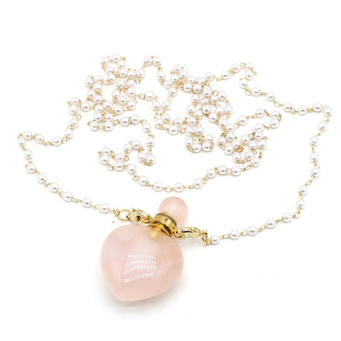 1pcs Natural Rose Quartz Stone Perfume Bottle Pendant Pearl Bead Chain Rectangle Heart Necklace for Women StonHealinge Essential