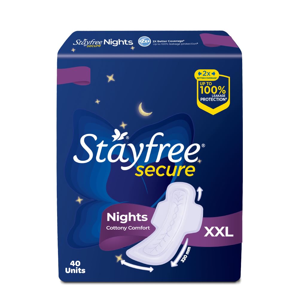 Stayfree Secure Nights Xxl | 40 Pads| Cottony Soft Sanitary Pads For Women | Upto 100% Leakage Protection | Buy Xxl At Xl Price 