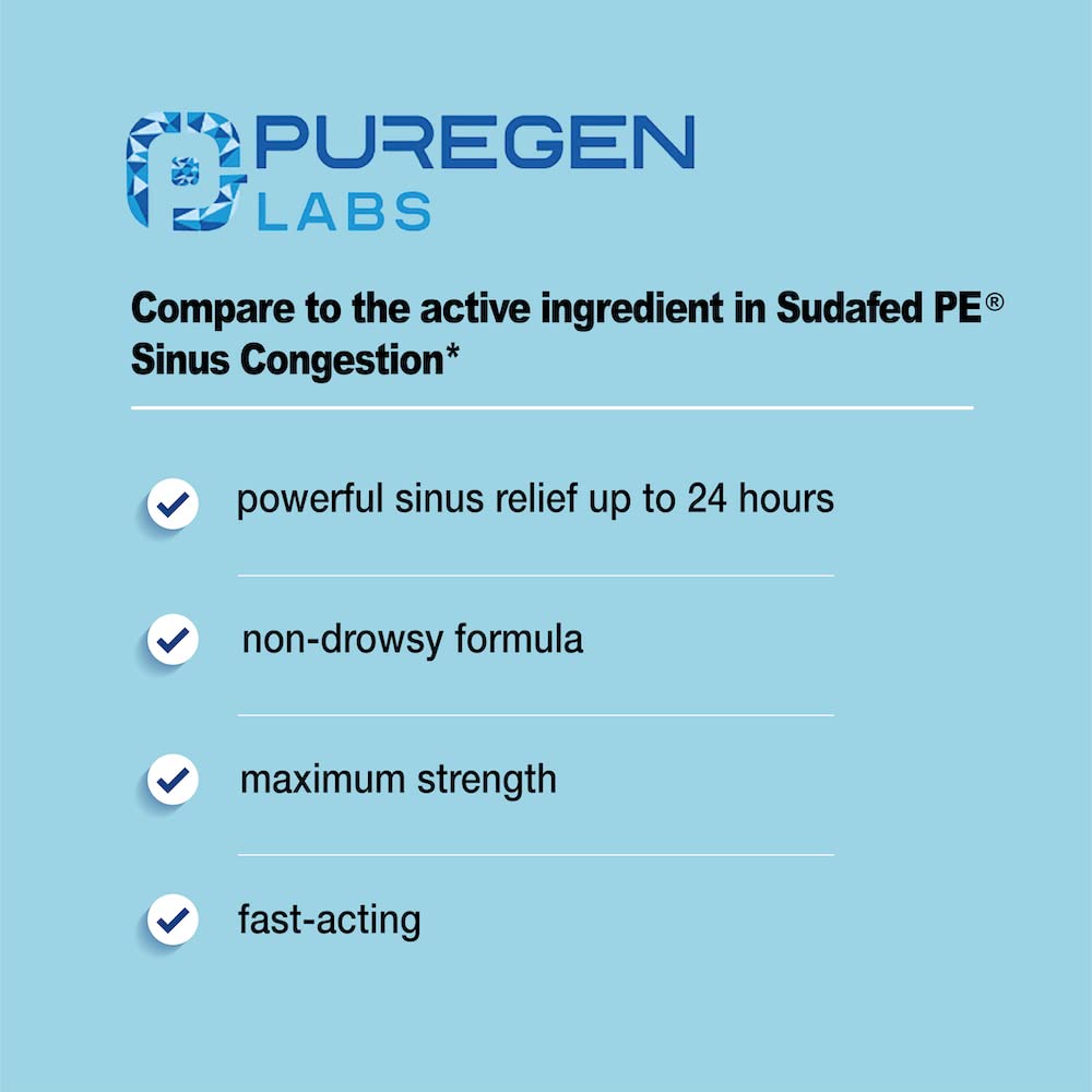 Puregen Labs Nasal Decongestant PE 100 Tablets | Phenylephrine HCl 10 mg Tablets | Maximum Strength | Non Drowsy Nasal & Sinus C