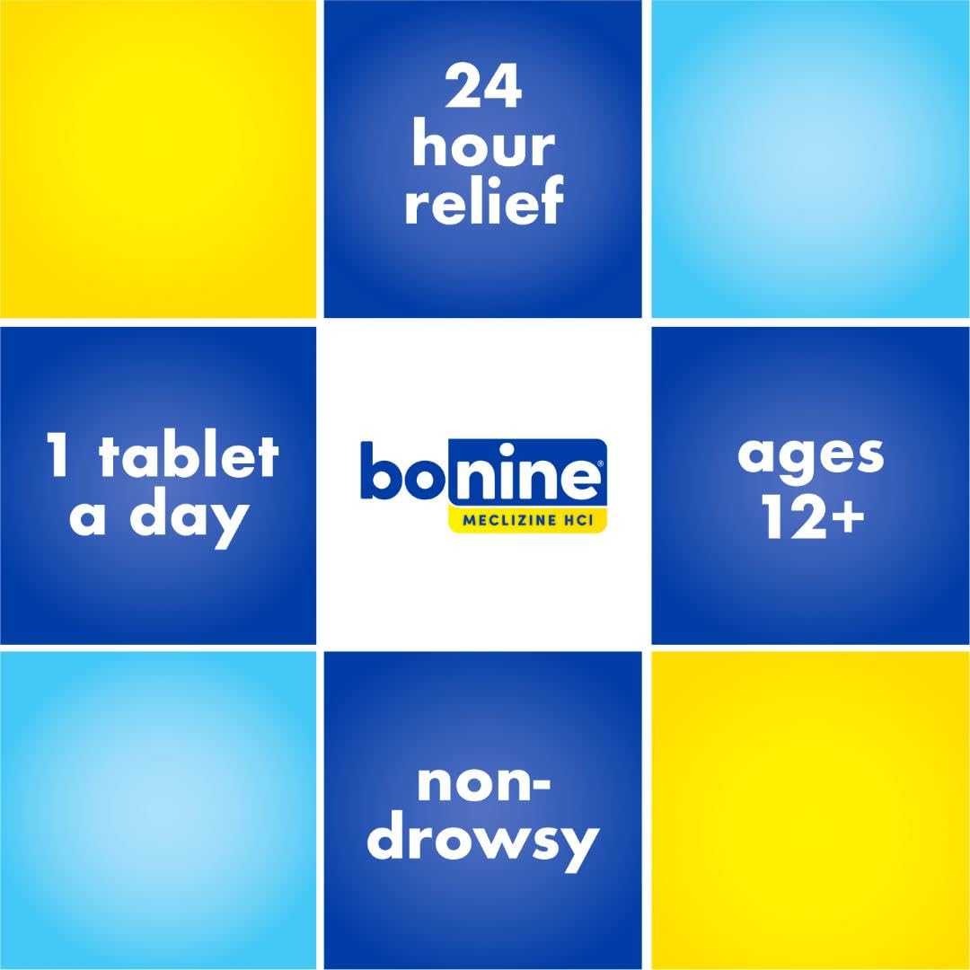Non-Drowsy Bonine for Motion Sickness Relief, Sea Sickness, Car Sickness, Nausea, & Vomiting - Meclizine HCI 25mg, Travel-Sized