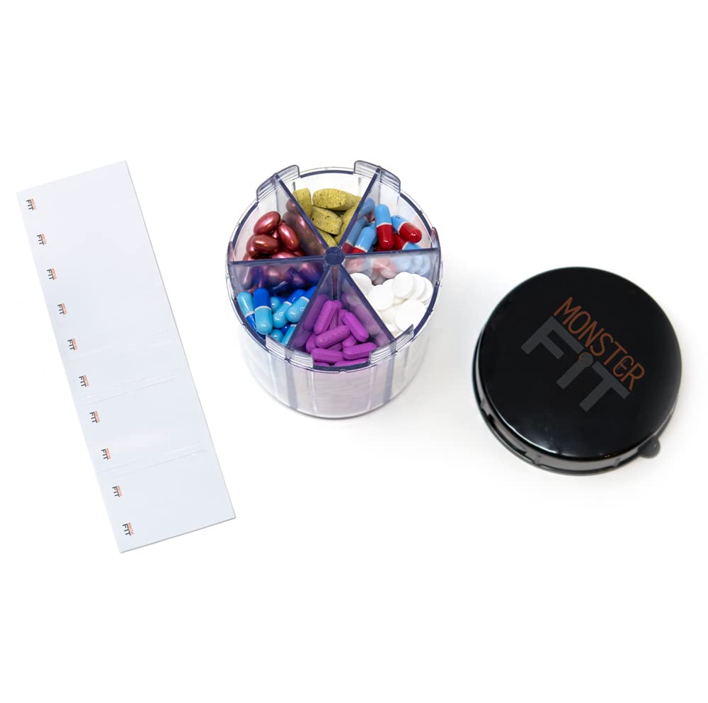 Monster Jr Supplement Pill Dispenser with Labels - Holds Small Medium Medication Vitamins and Easily Dispense from One Container