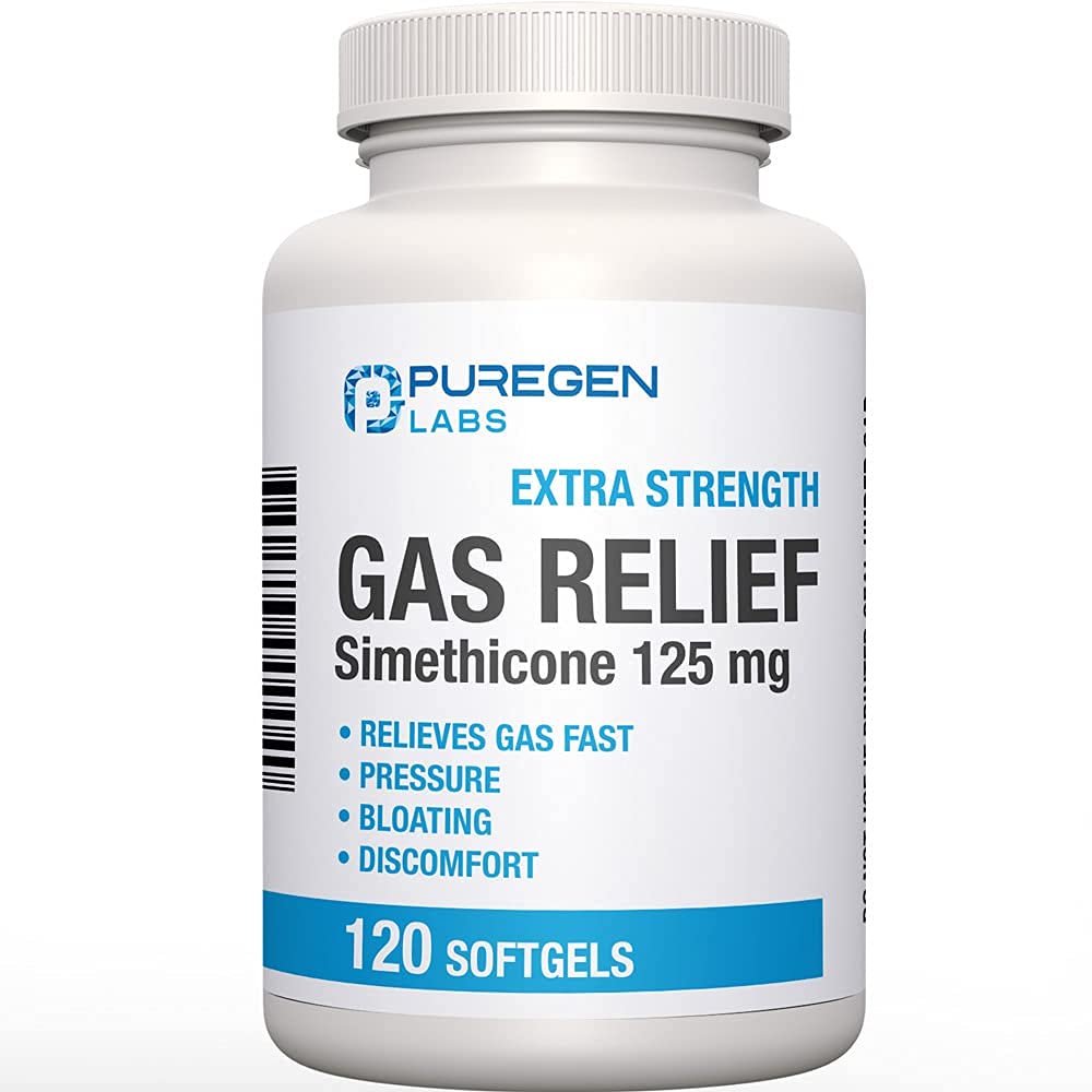 P Puregen Labs Extra Strength Gas Relief Softgels with Simethicone 125 mg Relieve Pressure, Bloating and Painful Discomfort Comp