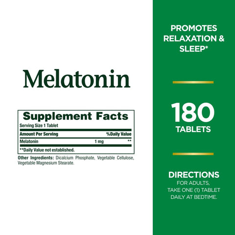 Nature's Bounty Melatonin, 100% Drug Free Sleep Aid, Promotes Relaxation and Sleep Health, 1mg, 180 Tablets