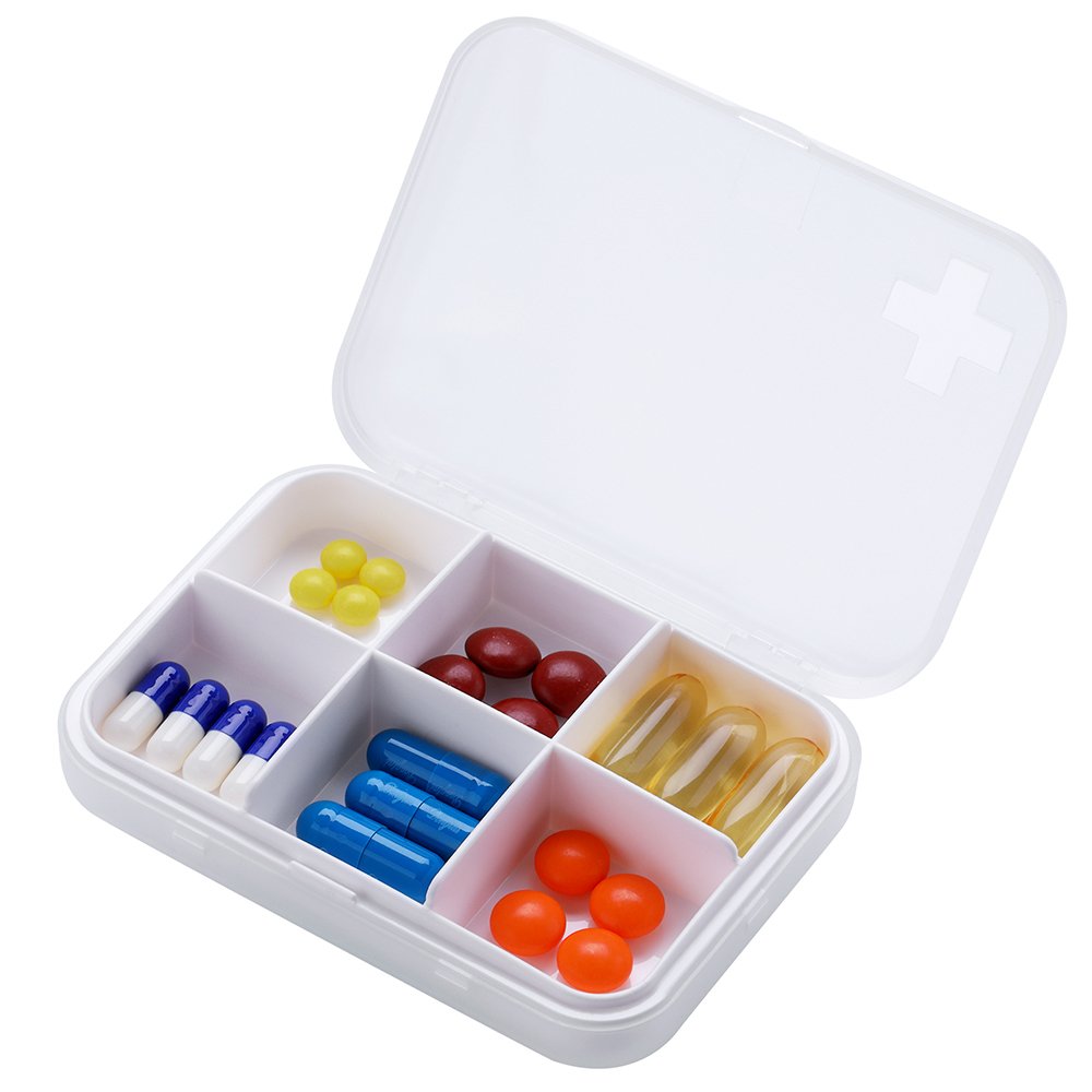 ZDQZC Portable Pill Organizer - Slim Pill Box for Purse or Travel, Compact Pill Case(6 Compartment,White)