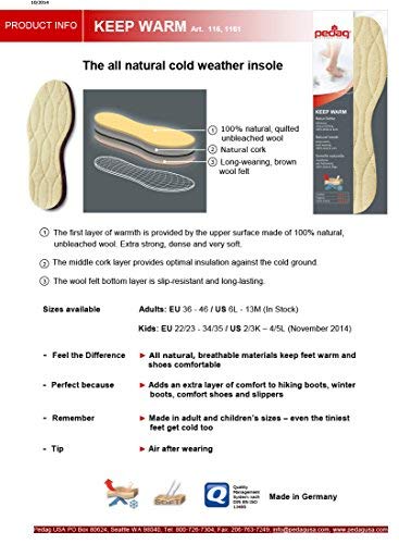 pedag Keep Warm Wool Insoles, Handmade in Germany, Sweat Wicking Top Layer, Insulating Cork Core, Felt Sole, Trim to Fit, Men US