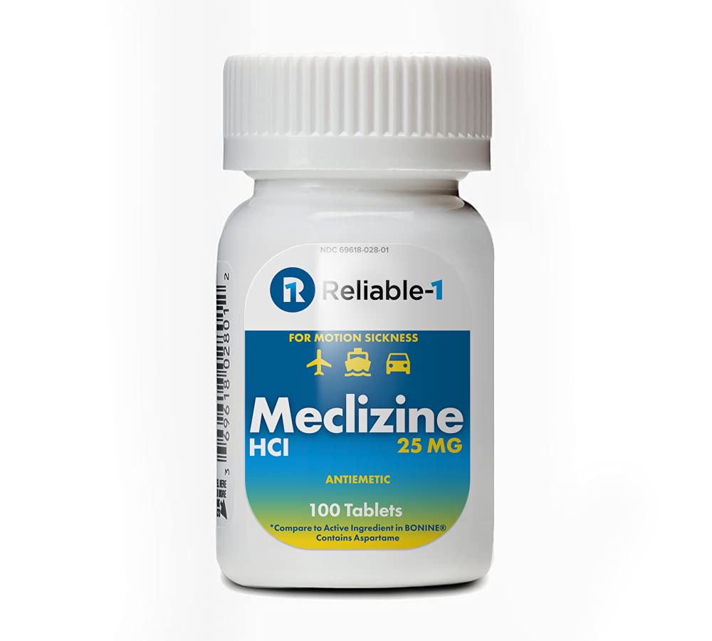RELIABLE 1 LABORATORIES Meclizine 25 mg Generic Bonine Motion Sickness (100 Chewable Tablets, 1 Bottle) - Prevent nausea, vomiti