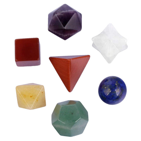 mookaitedecor 7 Chakra Crystal Platonic Solids Sacred Geometry Set, Polished Tumbled Stones with Merkaba Star Kit for Reiki Heal