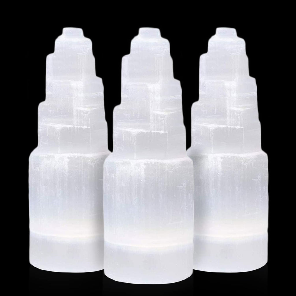 Himalayan Glow WBM Selenite Tower Skyscraper 10cm, Natural Home Decoration & Meditation Crystal Stone-3 PCS Lamp, (Pack of 3), W