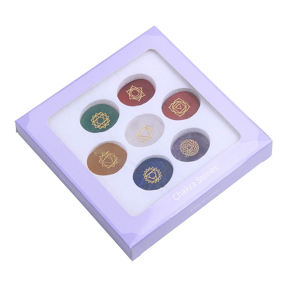 TGS Gems 7 Chakra Stones set - Reiki Healing Crystal With Engraved Chakra Symbols