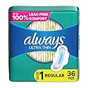 Always Ultra Thin Feminine Pads For Women, Size 1 Regular Absorbency, With Wings, Unscented, 36 Count