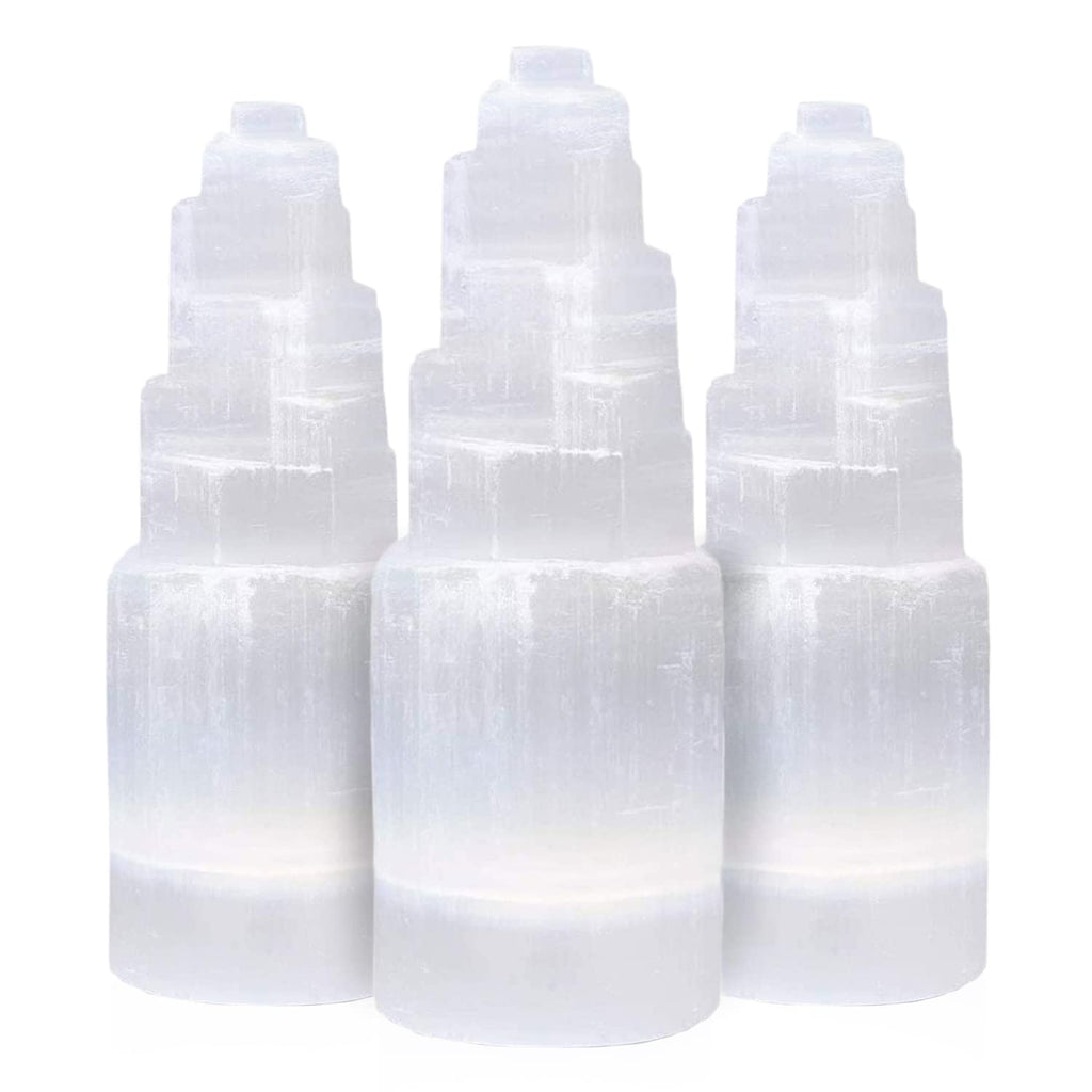 NORTHLANDZ Selenite Crystal Skyscraper Tower, Healing & Calming Effects, Cordless Meditation Stones, 10 cm Each - 3 Pack, White