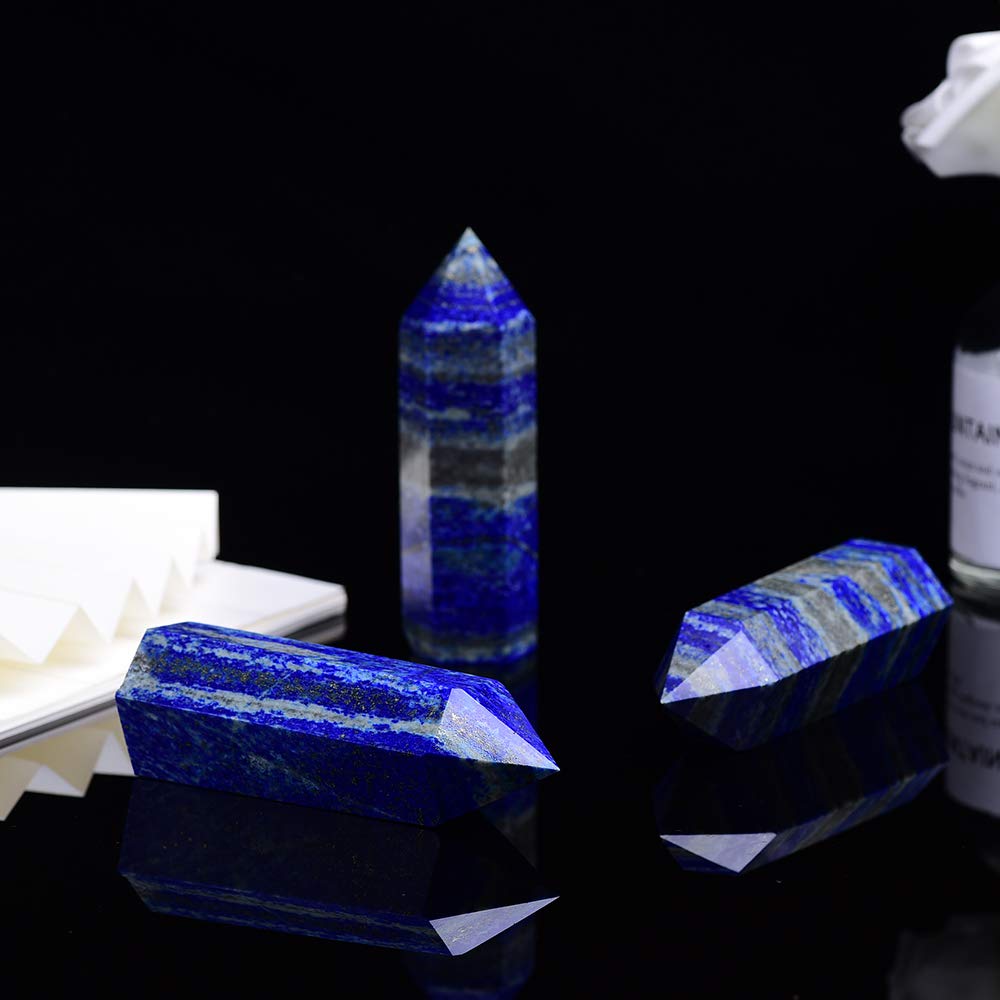 Runyangshi Blue Lapis Lazuli Natural Healing Crystal Wands Height 2-2.4, 6 Faceted Prism Wand Reiki Chakra Stone, Natural Quartz