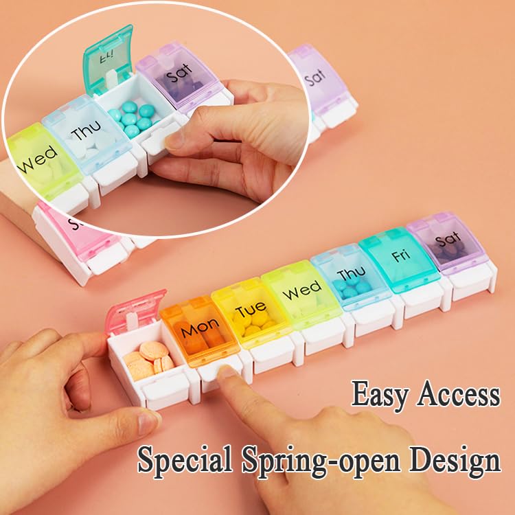 Wopanxye 7 Day Pill Case Organizer, Large Medicine Box Dispenser Daily, Colorful Travel 7 Dividers Vitamin Holder with Easy Push