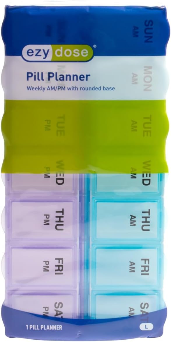 EZY DOSE Weekly (7-Day) AM/PMPill Case, Medicine Planner, Vitamin Organizer Box, Large Compartments, 2 Times a Day, Blue and Pur