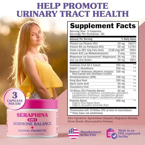 Seraphina Vaginal Probiotics 2-in-1 for Women + Hormone Balance - 90 Capsules Complete Feminine Care, PMS & Urinary Tract Health