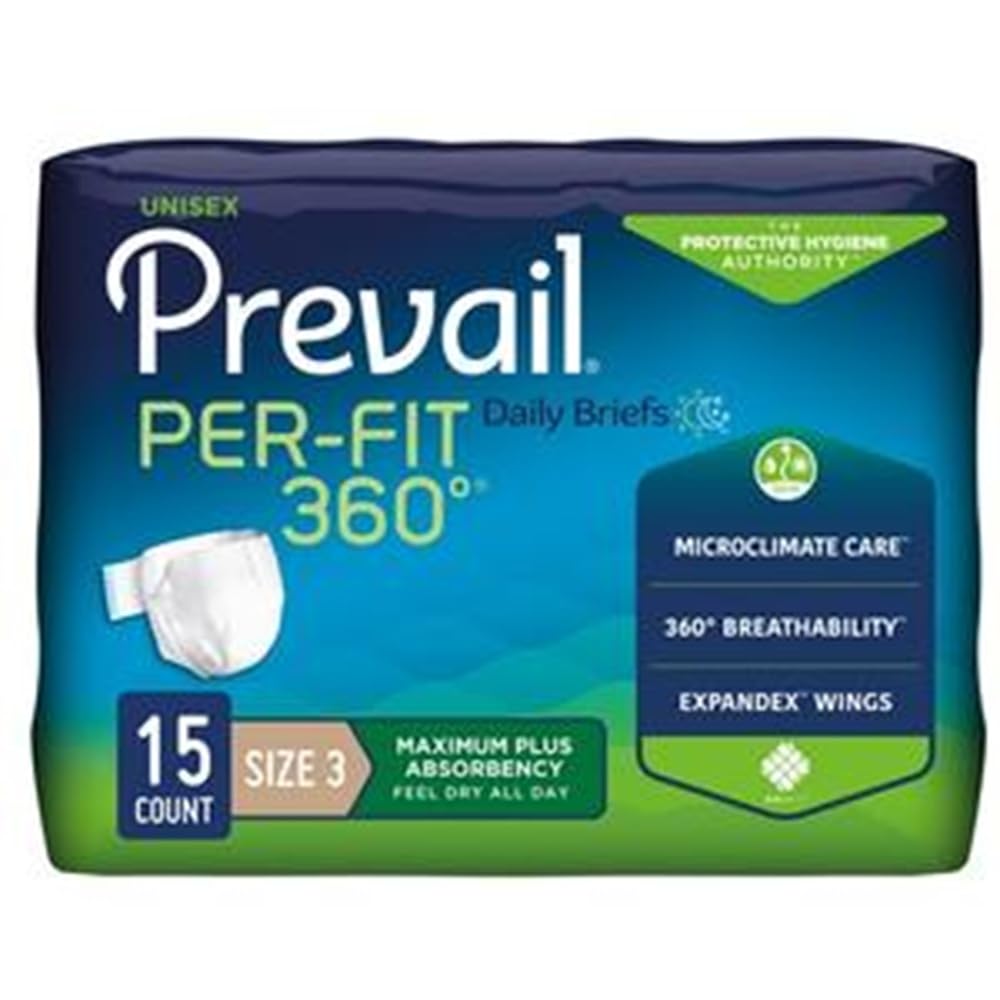 Prevail Per-Fit 360 Daily Incontinence Briefs, Unisex Adult Incontinence Briefs with Tabs, Maximum Plus Absorbency, Size 3, 15 C