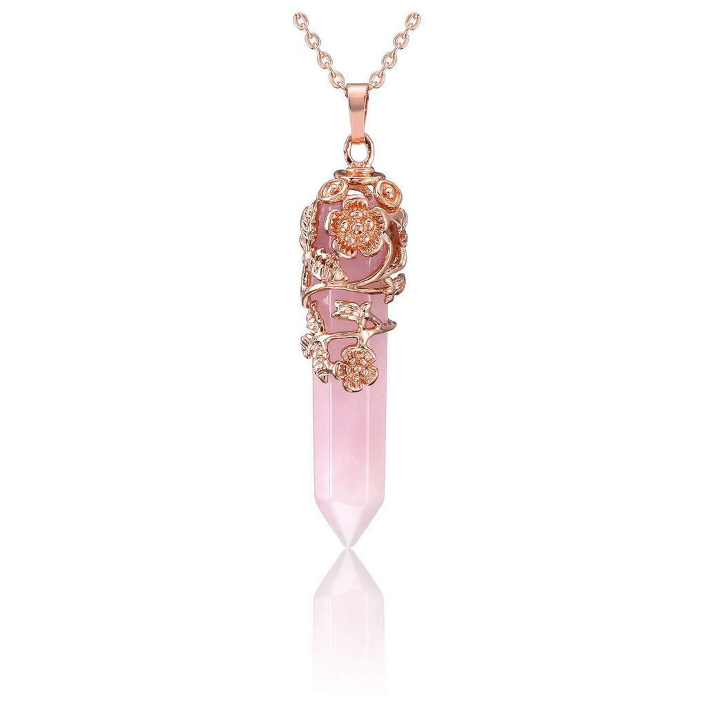 PESOENTH Rose Quartz Crystal Healing Pendant Necklace for Women, Vintage Rose Gold Flower Wrapped Pink Hexagonal Gemstone Healin