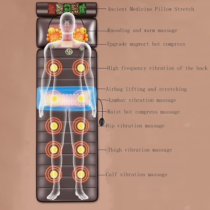 Beloving Full Body Massage Mat with Heat and Vibration, 10-Node Back Massager with Foot Roller & Neck Pillow, Multi-Zone Heating