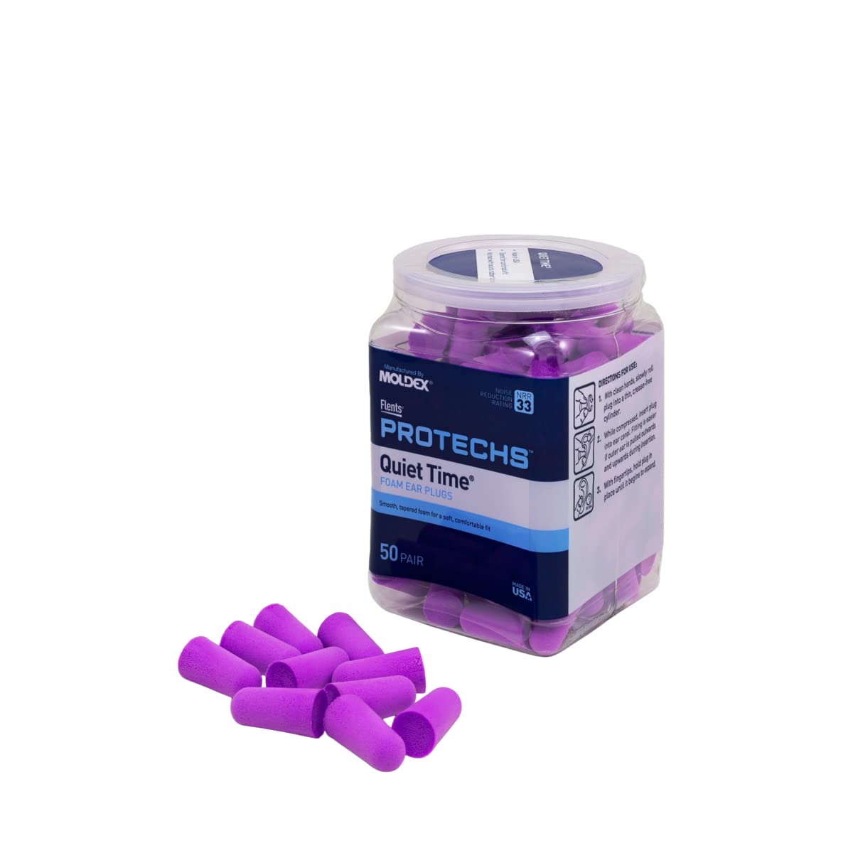 Flents Foam Ear Plugs, 50 Pair for Sleeping, Snoring, Loud Noise, Traveling, Concerts, Construction, & Studying, NRR 33, Purple,