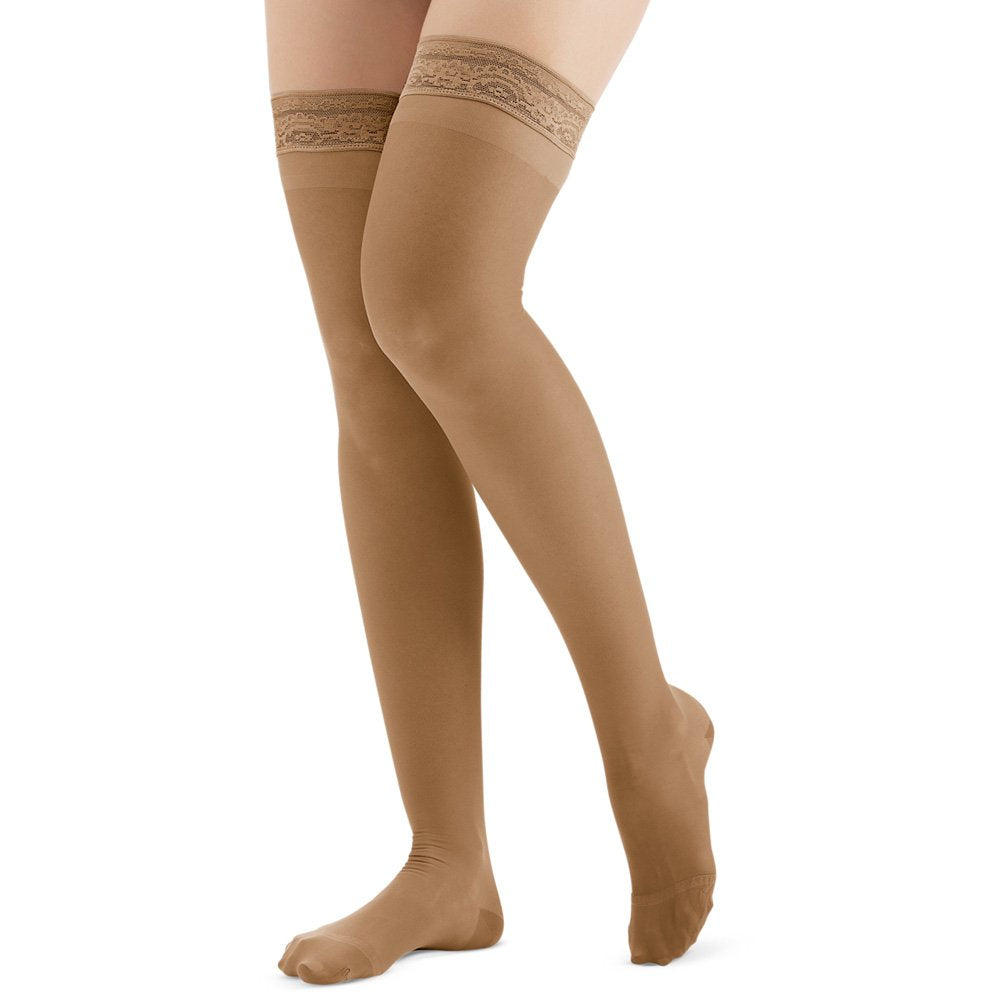 Collections Etc Thigh High Compression Stockings, Firm (20-30 mmHg), Closed Toe - Made in USA, Beige, Large - Made in The USA