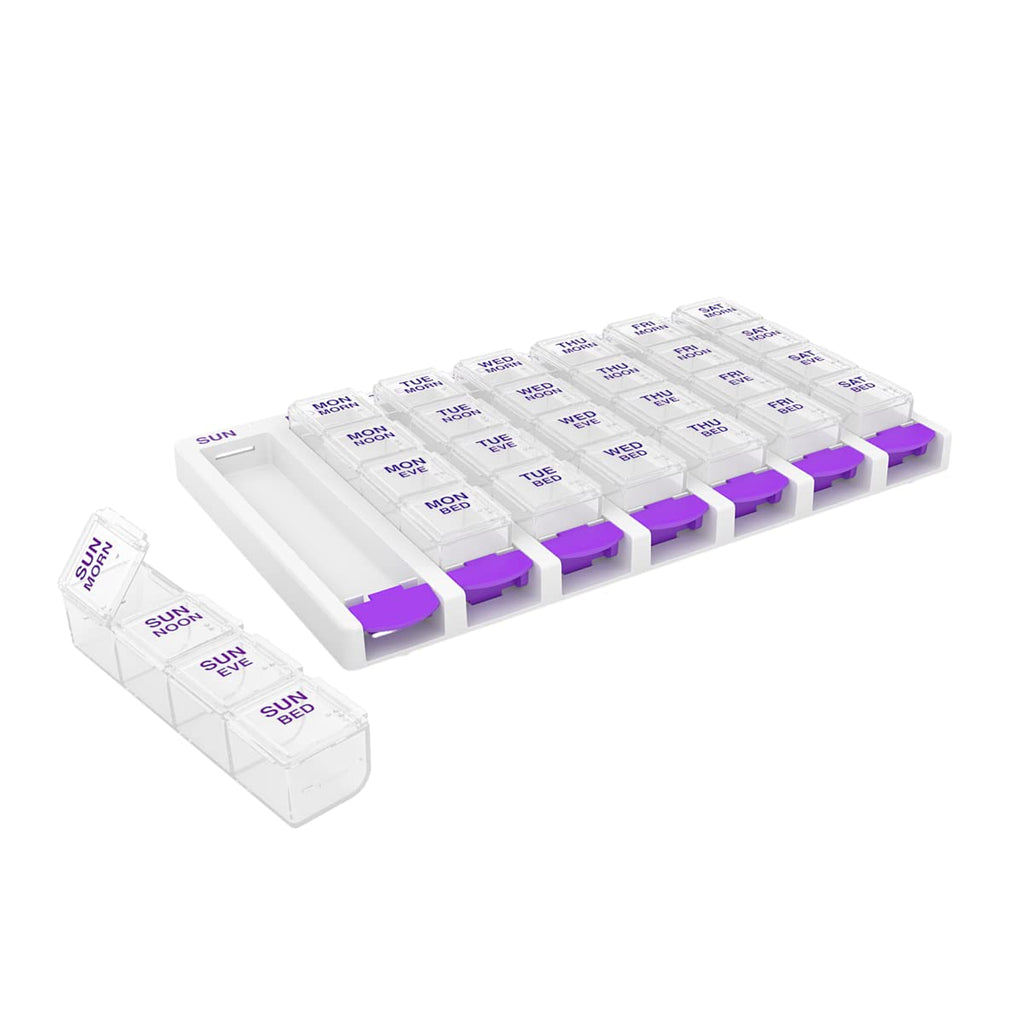 EZY DOSE Weekly (7 Day) 4 Times a Day Push Button Pill Organizer and Vitamin Planner, Removable Daily Pillboxes, Purple, Clear L