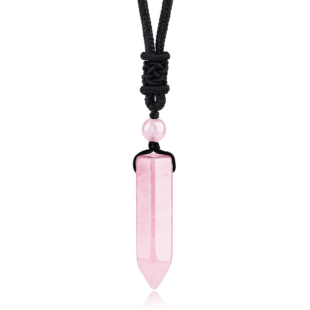 TIKCAUZ Hexagonal Pink Crystal Necklace Rose Quartz Point Pendant with Adjustable Rope Reiki Healing Crystal Stone Gemstone Neck