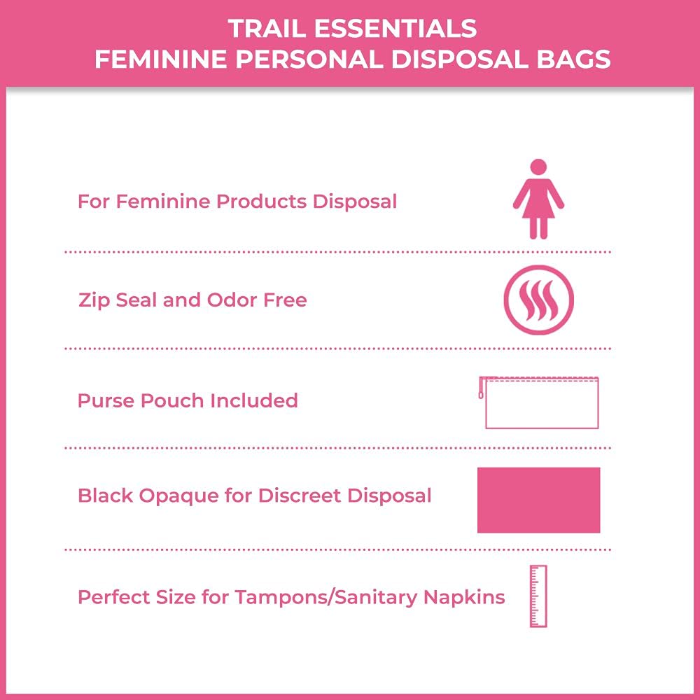 Trail Essentials Feminine Personal Disposal Bags- 100 Black Opaque Bags for Sanitary Disposal, with Purse Pouch. Discreet Dispos