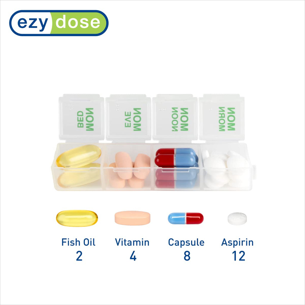 EZY DOSE Weekly (7 Day) 4 Times a Day Push Button Pill Organizer and Vitamin Planner, Removable Daily Pillboxes, Green, Convenie