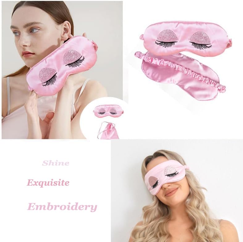 EleCharm Sweet Girl's Satin Eye Mask Long Eyelash Embroidered Eye Cover Sleeping Eyeshade with Portable Pouch