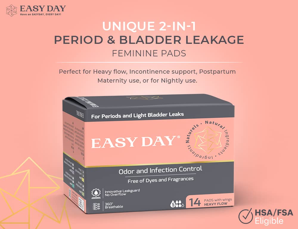 EASYDAY Heavy Flow(2-in-1 Period & Light Bladder Leakage Feminine Pads) with Wings, Sensitive Skins, Unscented, Breathable, Ultr