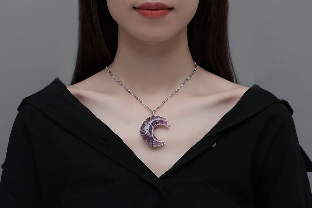 MAIBAOTA Amethyst Necklace Healing Crystals Tree Life Wire Wrapped Crescent Moon Phase Pendant Necklace Mothers Day Gifts for Mo