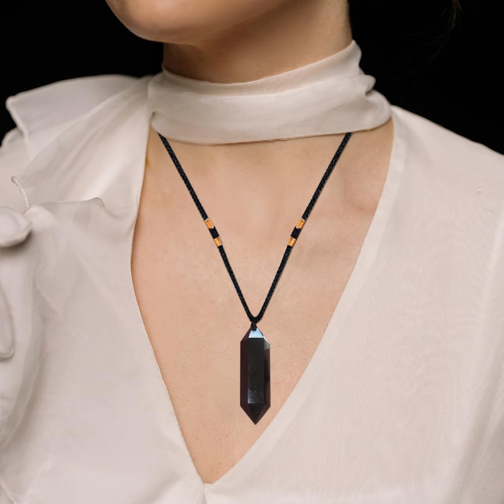 Runyangshi Black Obsidian Healing Crystal Pendants, Double Pointed Natural Crystal Quartz Necklace 6 Faceted Chakra Crystal Wand