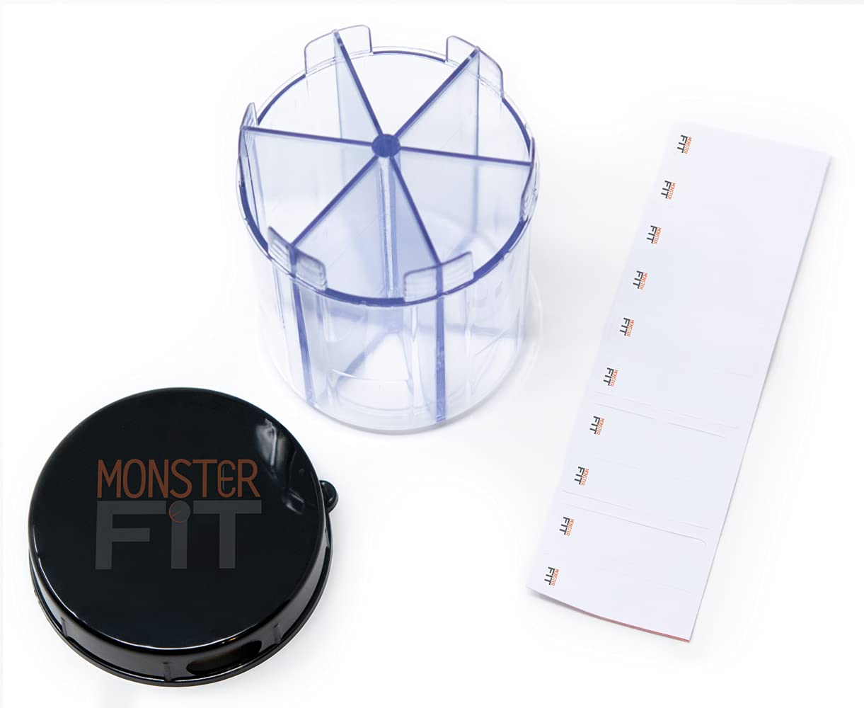 Monster Jr Supplement Pill Dispenser with Labels - Holds Small Medium Medication Vitamins and Easily Dispense from One Container