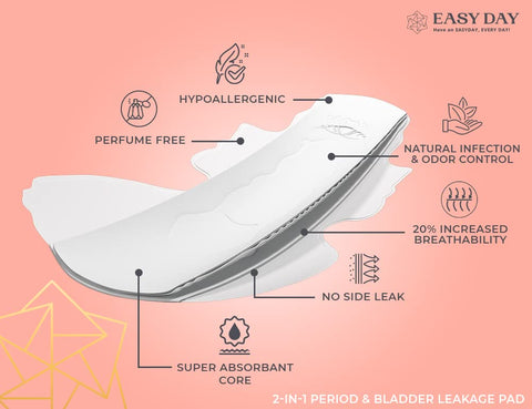 EASYDAY Heavy Flow(2-in-1 Period & Light Bladder Leakage Feminine Pads) with Wings, Sensitive Skins, Unscented, Breathable, Ultr