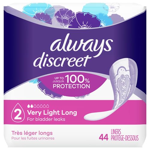 Always Discreet Adult Incontinence & Postpartum Liners For Women, Size 2, Very Light Absorbency, Long Length, 44 Count (Packagin
