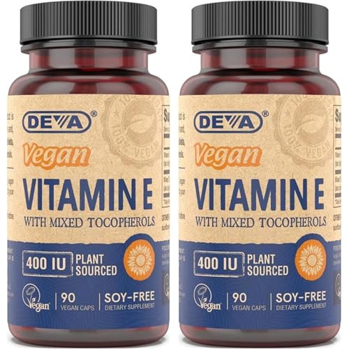 DEVA Vegan Natural Source Vitamin E 400IU with Mixed tocopherols, Soy-Free - 90 Veg Caps (Pack of 2)