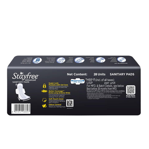 Stayfree Advanced Extra Large All Night Soft Cover Sanitary Pads For Women With Wings, 28 Pads