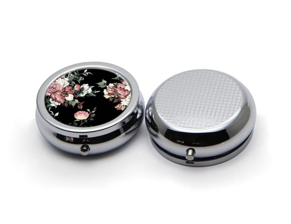 Beautiful Retro Flowers Pill Box Purse Pocket Small Round Silver Pill Case Decorative Box Metal Medicine Vitamin Pill Organizer