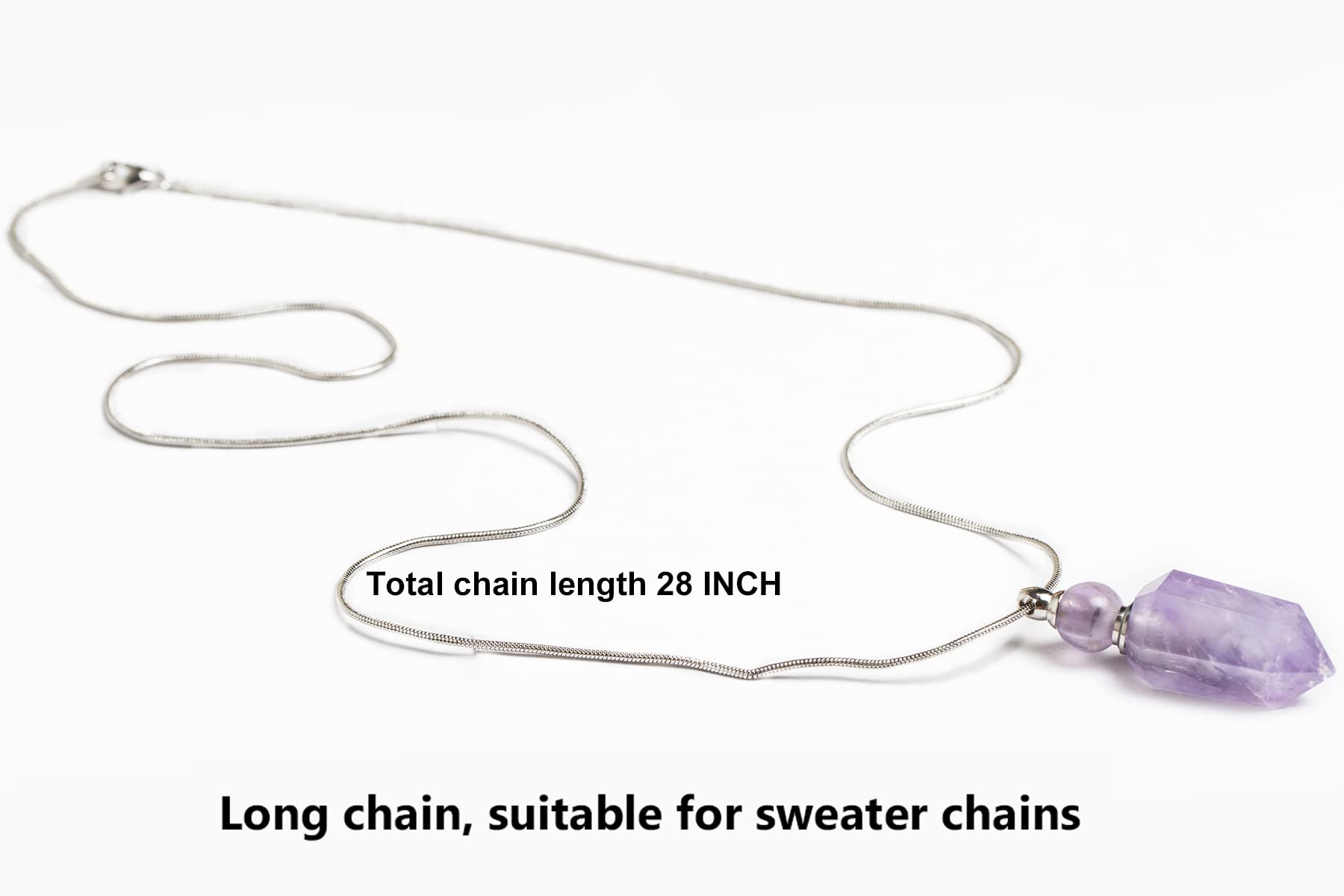 AMOYSTONE 1P Natural Amethyst Necklace Long Chain, Healing Oil Crystals Perfume Necklace Aromatherapy Bullet Shape Pendant Women