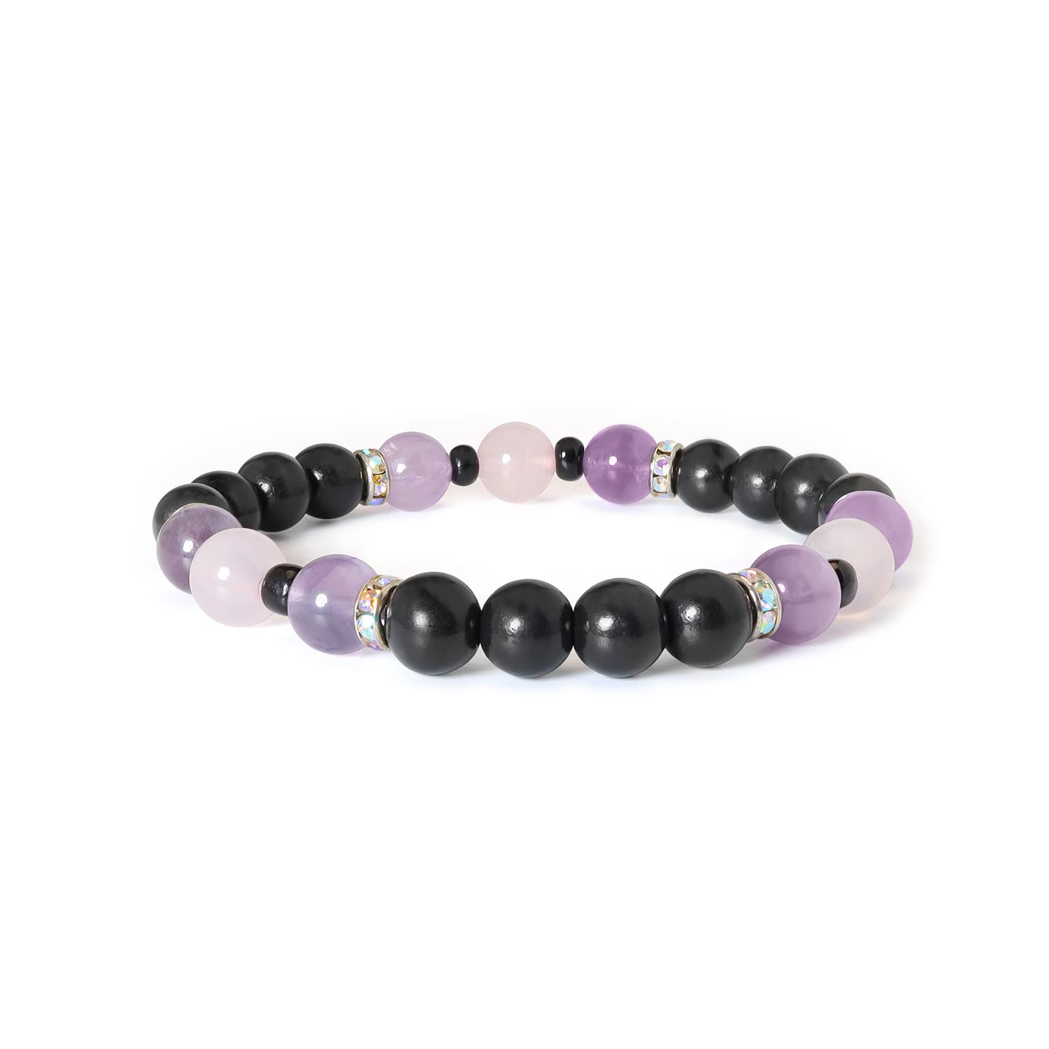Shungite, Amethyst and Pink Quartz Protection Bracelet - Fits Average Adult Wrists (7.5 Inch Stretchy; 8mm Beads)