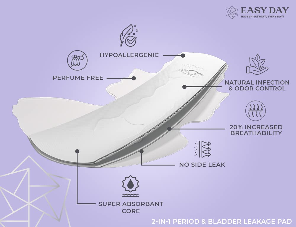 EASYDAY Overnight Heavy Flow(2-in-1 Period & Light Bladder Leakage Feminine Pads) Wings, Sensitive Skins, Unscented, Breathable,