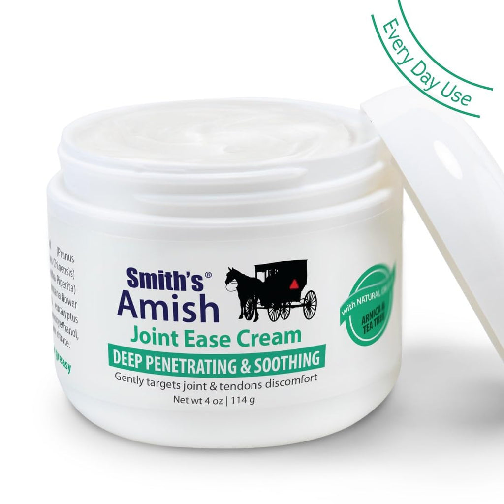 Smiths Amish Joint Ease Cream 4 oz jar. Soothing and Cooling, with Botanicals of Arnica, Peppermint, Tea Tree, Rosemary and Euca