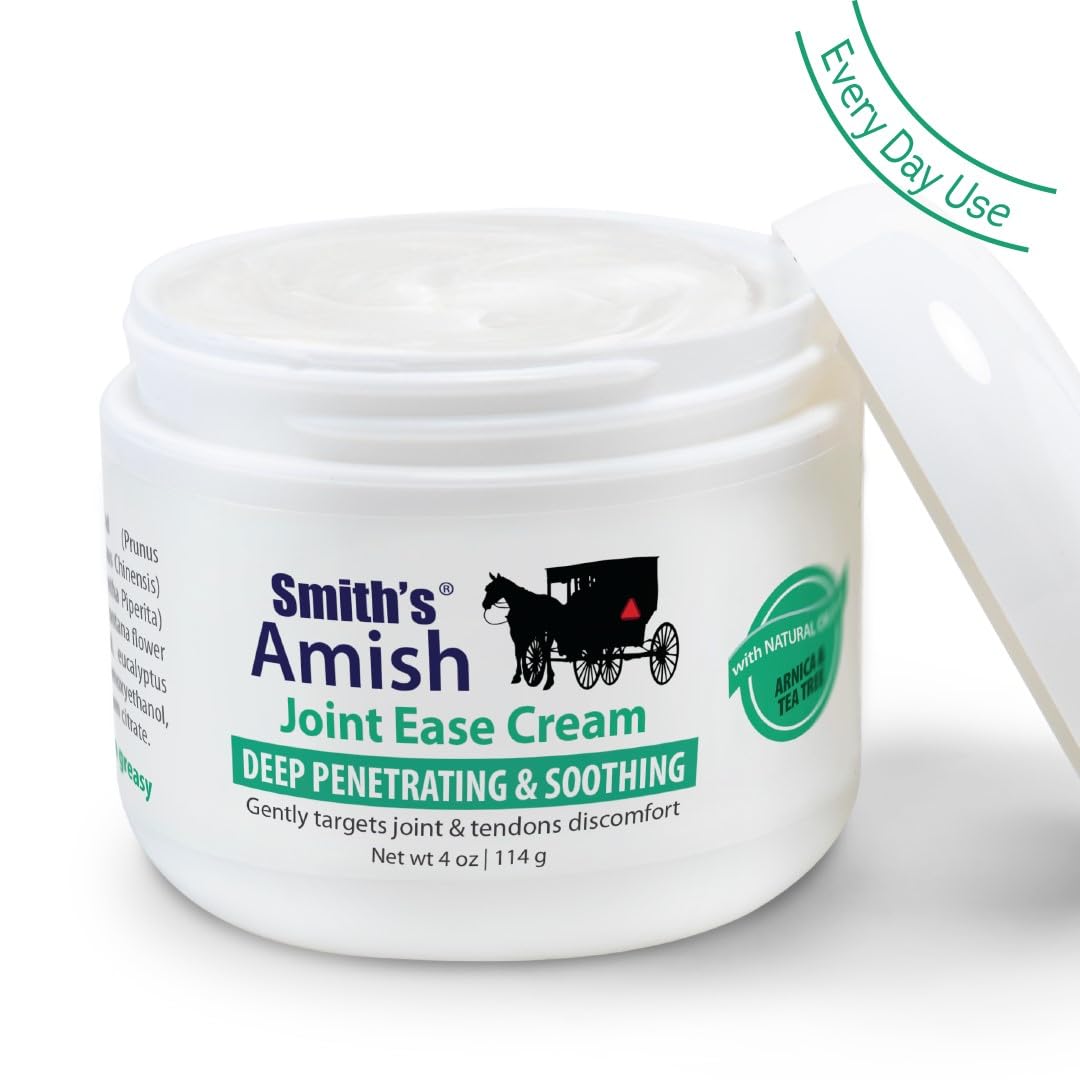 Smiths Amish Joint Ease Cream 4 oz jar. Soothing and Cooling, with Botanicals of Arnica, Peppermint, Tea Tree, Rosemary and Euca