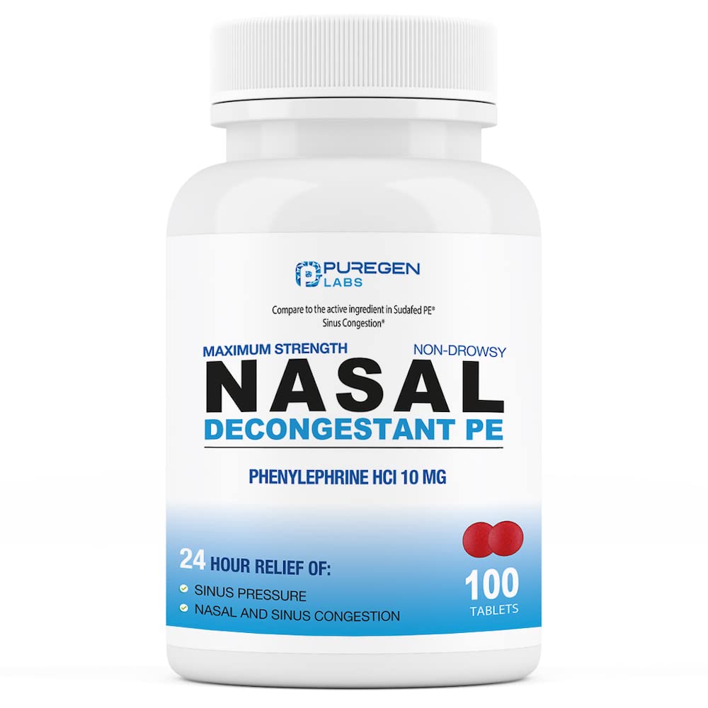 Puregen Labs Nasal Decongestant PE 100 Tablets | Phenylephrine HCl 10 mg Tablets | Maximum Strength | Non Drowsy Nasal & Sinus C