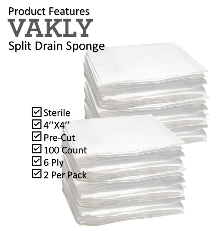 Split Drain Sponge Gauze 4x4 Sterile 6 Ply Pads [Pack of 100] Absorbent Precut 4X4 Non-Woven Slit Bandage for I.V. Tracheostomy