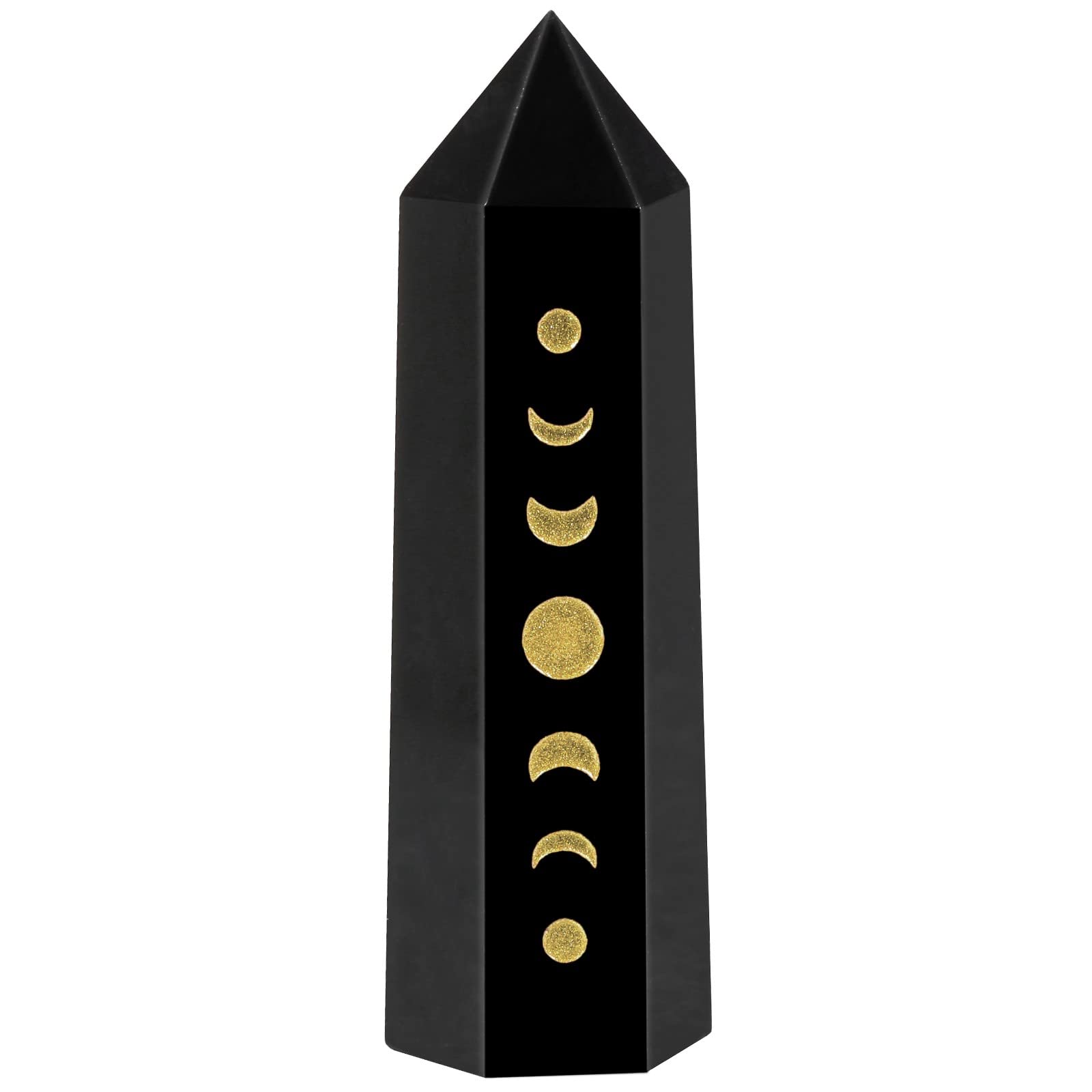 Amogeeli Wicca Moon Phase Black Obsidian Stone Point Wand for Reiki Meditation, 6 Faceted Prism Healing Crystal Decoration for H